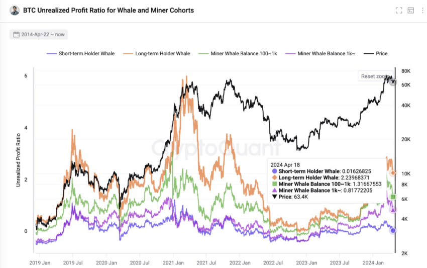 BTC Unrealized Profit Ratio for Whales and Miners. Source: CryptoQuant.