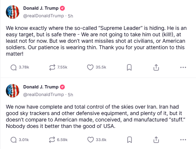 US President Donald Trump's Warning Regarding the Conflict, From June 17, 2025. Source: Truth Social