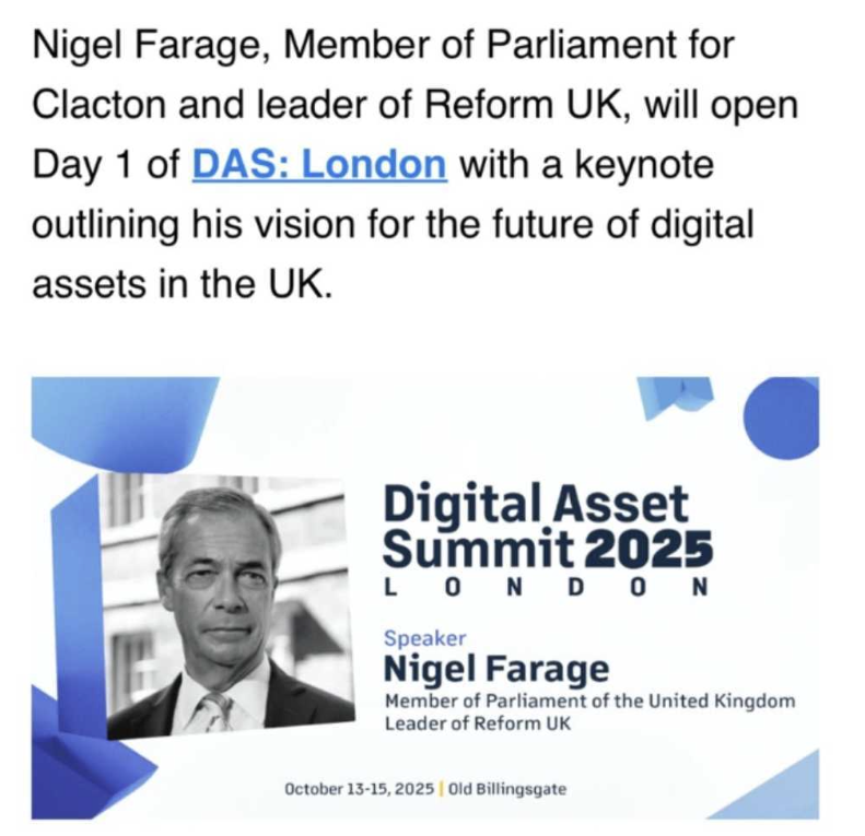 Nigel Farage to Speak at Digital Asset Summit