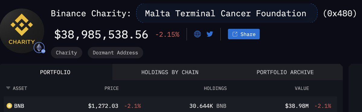 A dashboard screenshot shows 'Binance Charity: Malta Terminal Cancer Foundation (0x480).' The display highlights a $38,985,538.56 BNB balance, up from $200,000 originally.