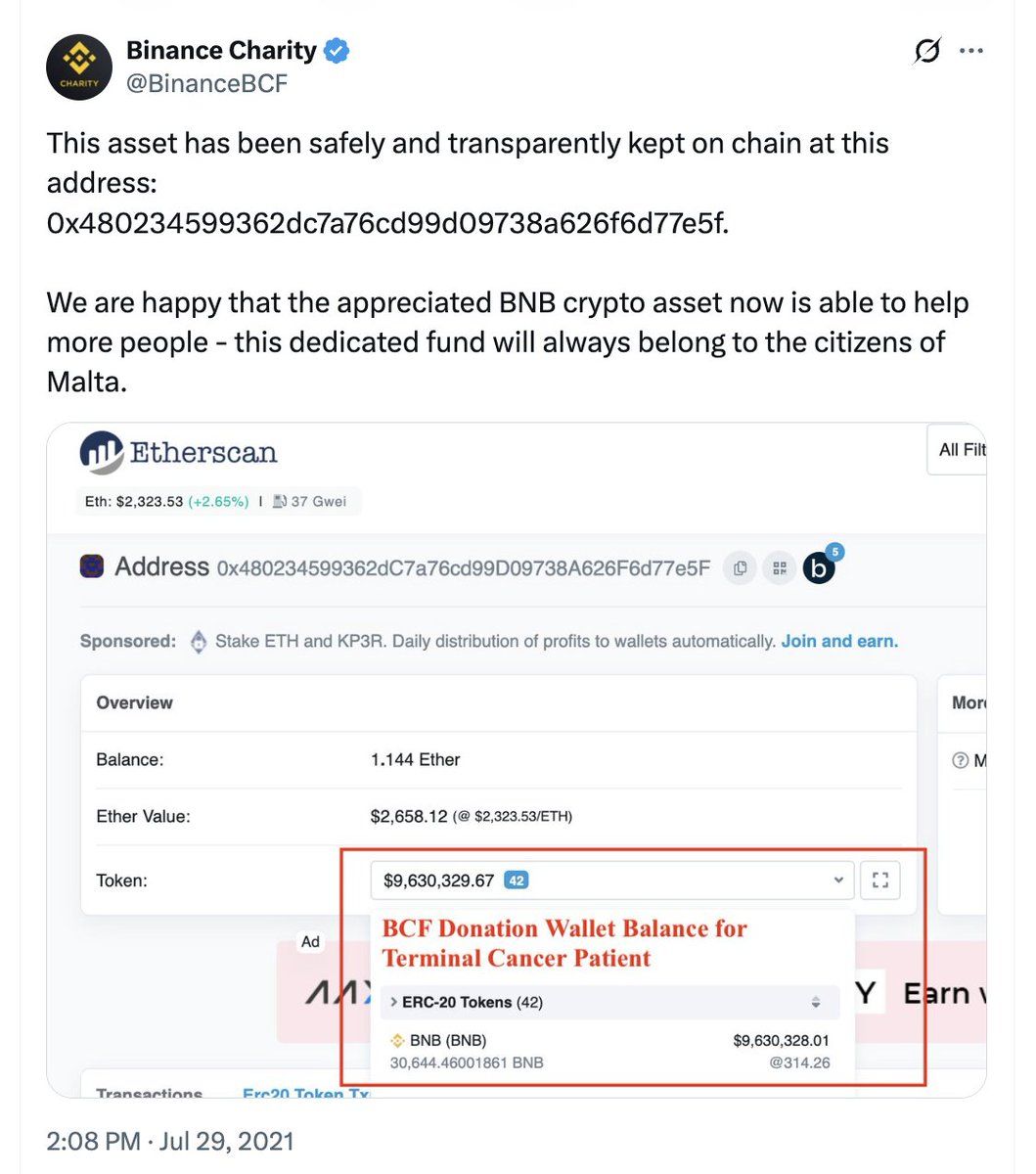 A screenshot shows a Binance Charity tweet and an Etherscan wallet with a $9,630,328.01 BNB balance as of July 29, 2021.