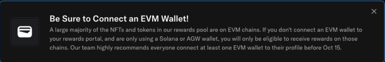 OpenSea's in-app notification tells users to link EVM wallets to access almost all NFT and token rewards