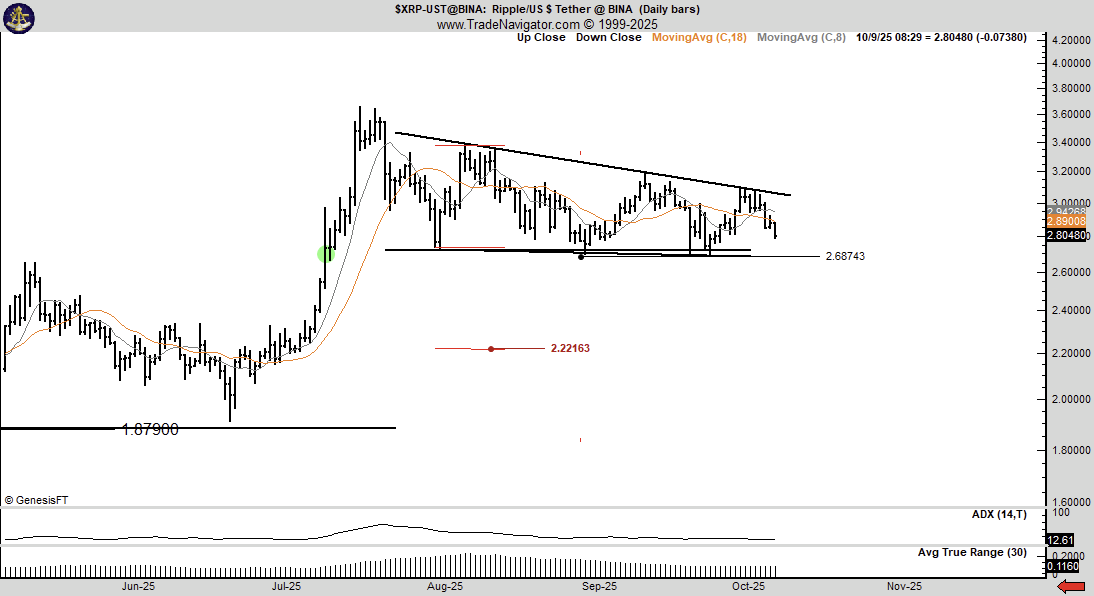 XRP/USDT TradeNavigator chart highlighting descending triangle and critical support