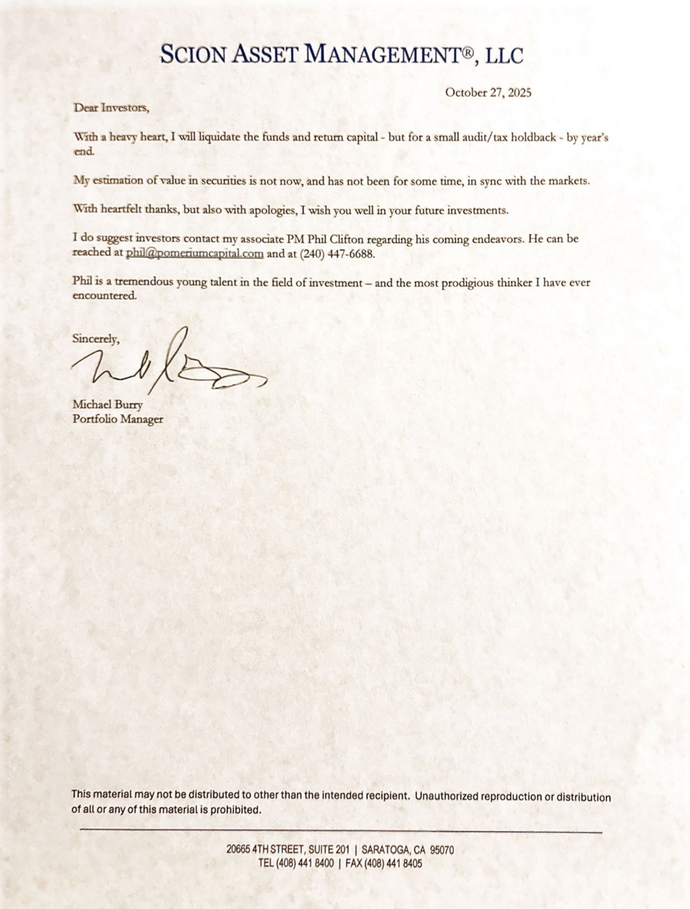 Michael Burry’s Letter to Investors