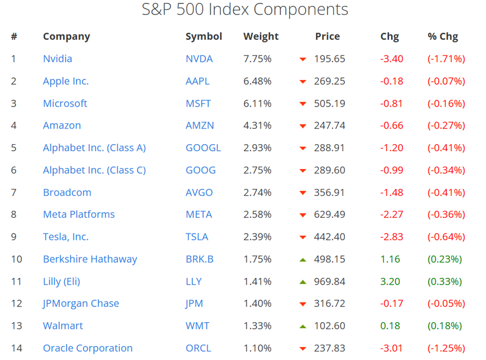 Top 14 Components of the S&P 500 Index
