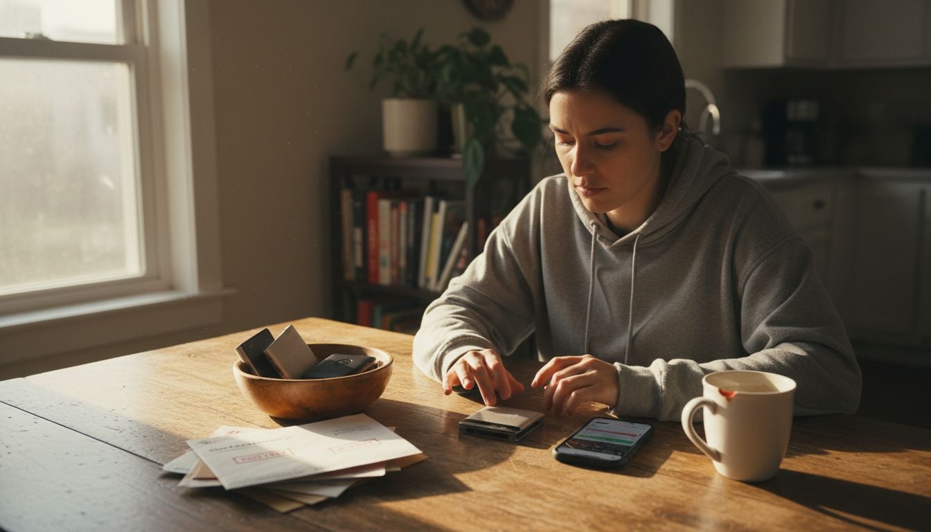 Woman comparing crypto wallets at kitchen table