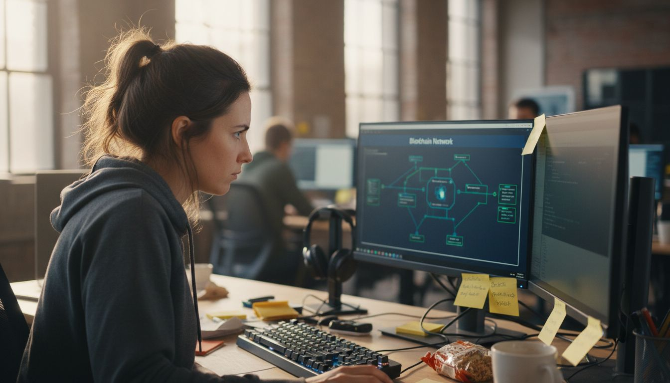 Engineer working on blockchain at startup desk