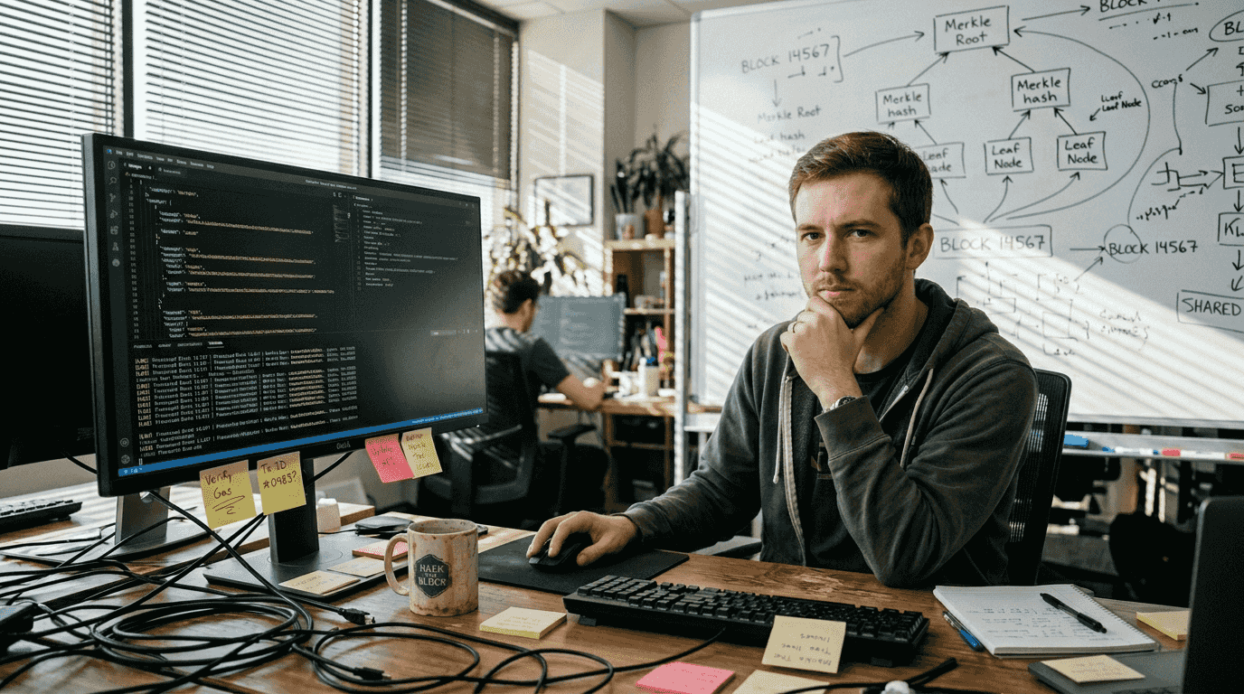 Engineer checks blockchain transaction log screen