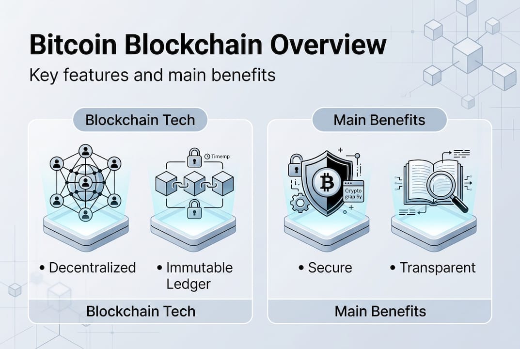 Infographic outlining Bitcoin blockchain benefits and features