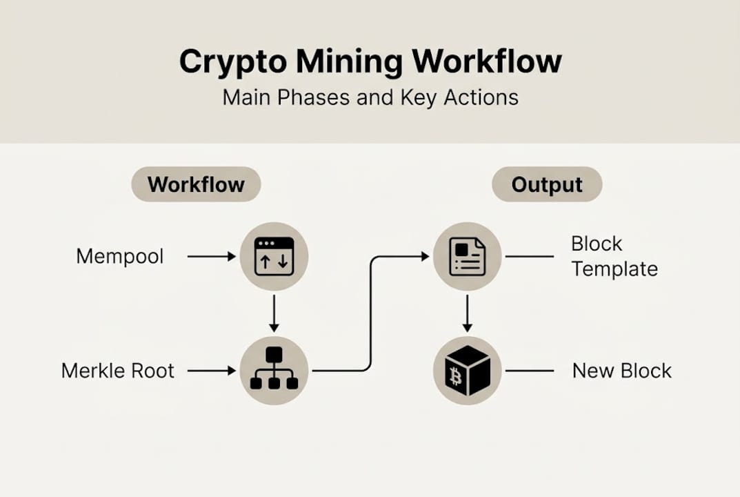 Infographic of crypto mining workflow phases