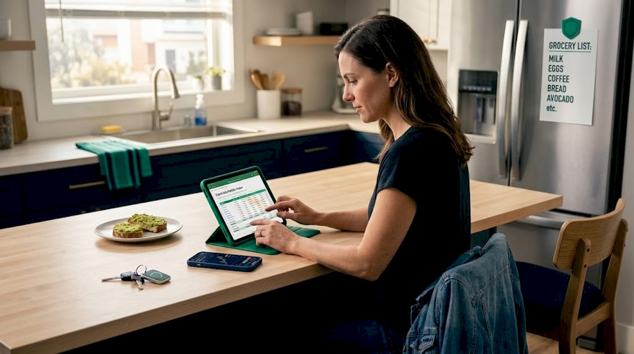 Woman updating Bitcoin portfolio spreadsheet