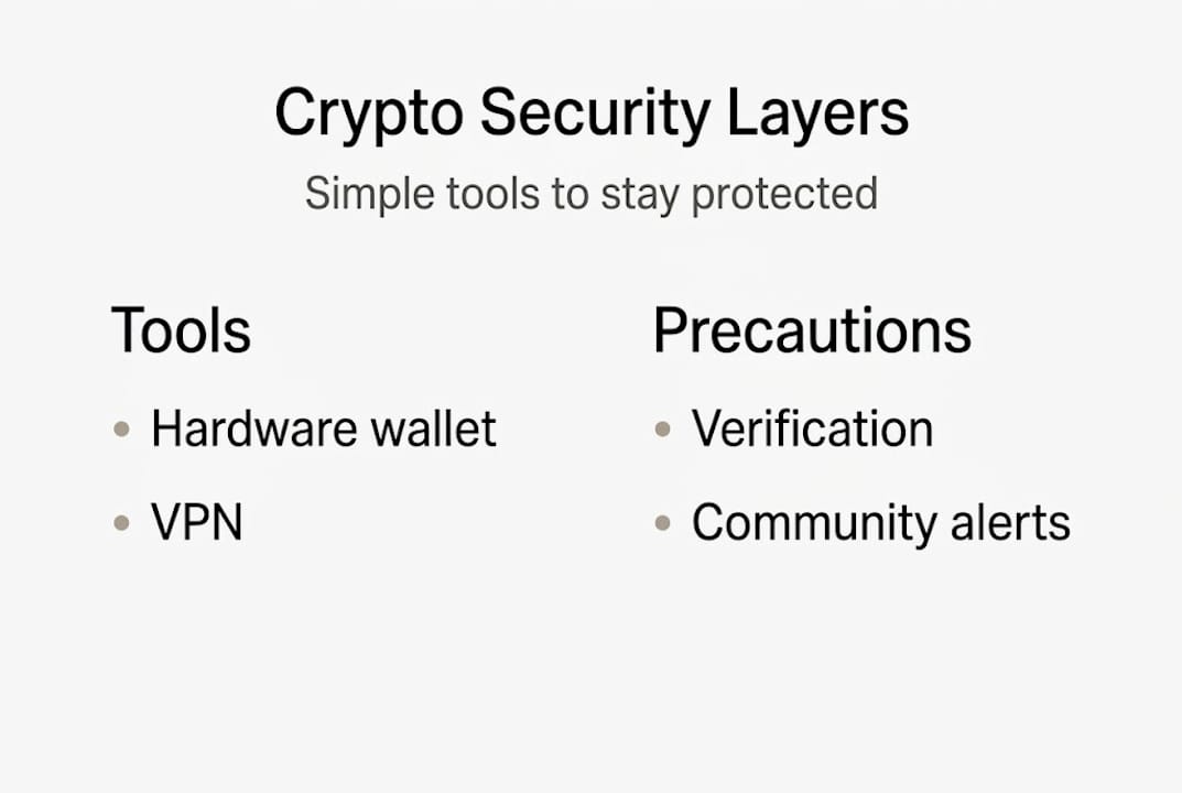 Infographic showing crypto scam defenses and tools