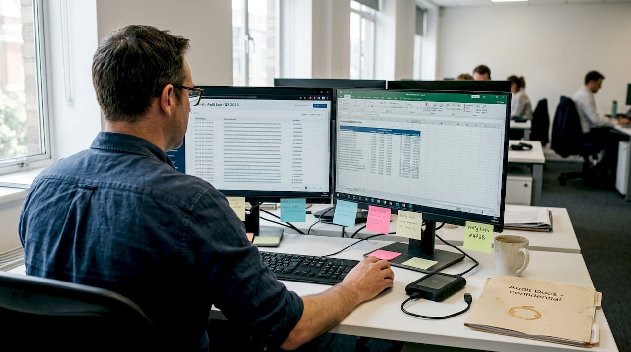 IT manager reviews blockchain ledger at desk