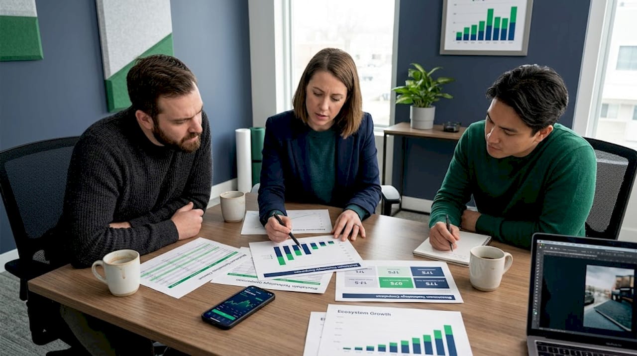 Colleagues analyzing blockchain comparison charts