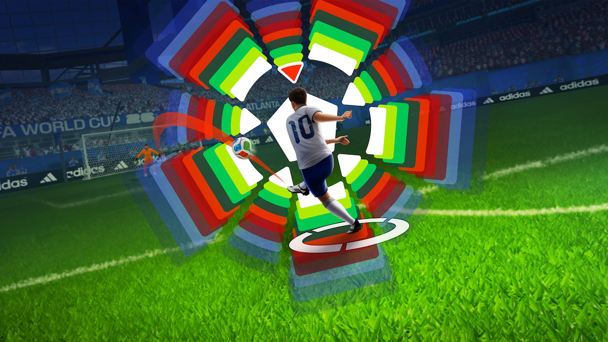Promotional artwork for FIFA World Cup: Launch Edition illustrating a player and layered on-screen UI — visually communicates the phone-as-controller / TV-as-stadium mechanic that enables Netflix to distribute the game without app-store installs.