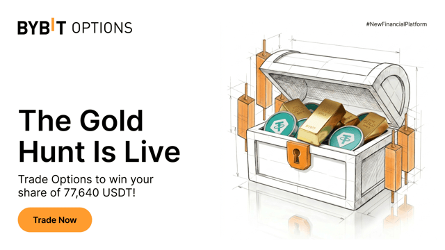 Bybit’s “Gold Hunt” promotional banner for XAUT options (June 1–30, 2026), visually highlighting the 77,640 USDT prize pool — evidence of Bybit’s active incentive program to drive XAUT options volume.