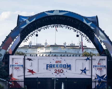 UFC Freedom 250 stage with the White House visible beyond — shows the event staged on federal grounds and the visual context for the USD1 stablecoin sponsorship.