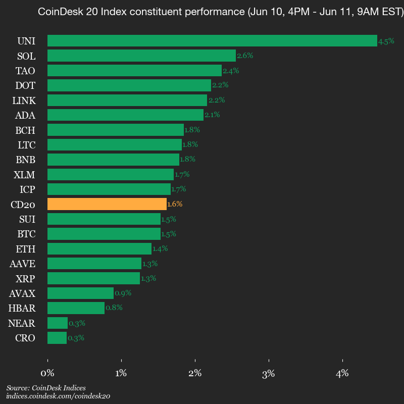 CoinDesk 20 constituent performance chart (Jun 10, 4PM – Jun 11, 9AM) showing UNI leading the index with +4.5% — illustrates Uniswap driving a morning rally in the CoinDesk 20.