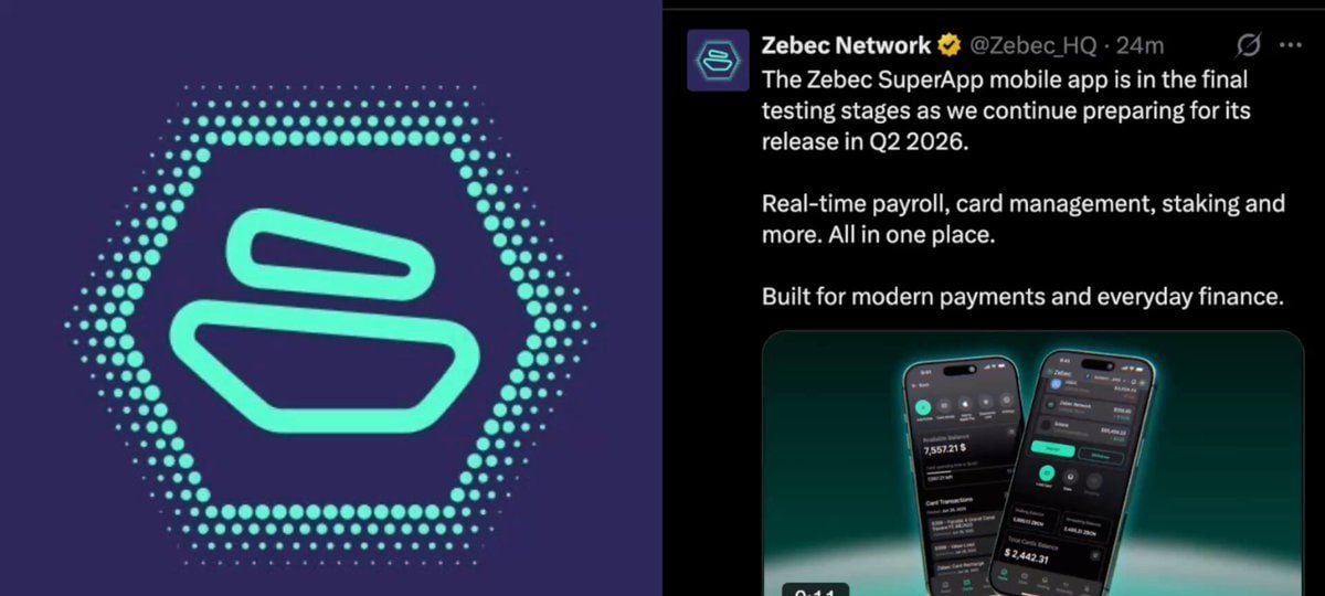 Screenshot showing Zebec’s X post and the SuperApp mobile UI (real‑time payroll + card dashboards) — visual evidence of the SuperApp mobile final‑testing milestone and the product UX that underpins the PayFi thesis.
