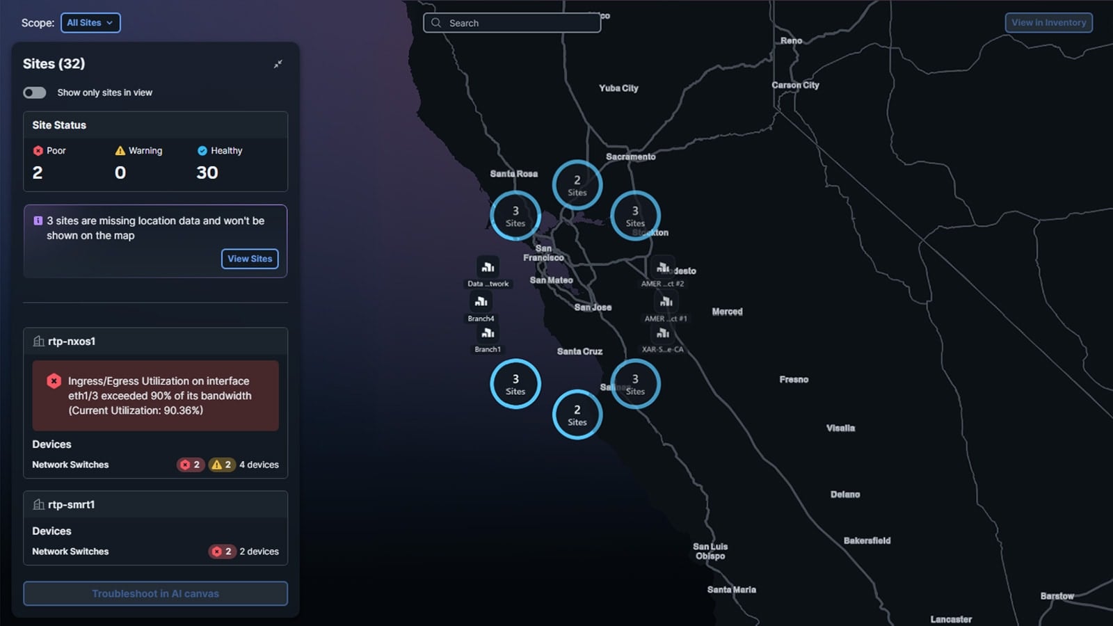 Cisco Cloud Control topology map and site inventory UI — shows unified, cross‑domain visibility (sites, health status and alerts) that underpins Cisco’s AI networking pitch and illustrates why customers would modernize networks for agentic AI.