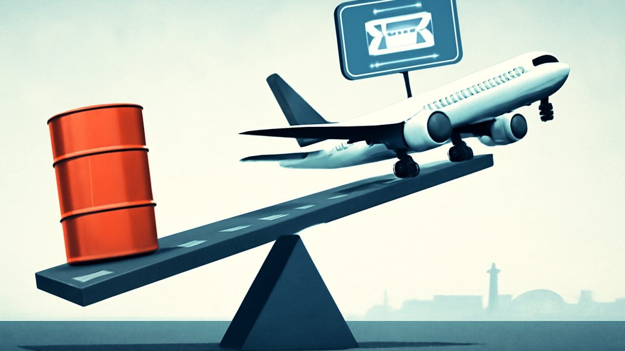 UAL pricing balance — runway seesaw with fuel weight