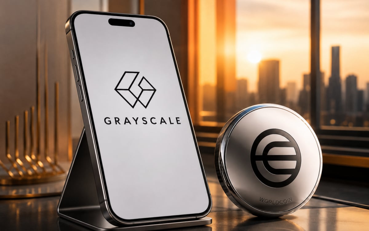 Grayscale logo beside a Worldcoin (WLD) token — image used in coverage of Grayscale’s July 20, 2026 S‑1 filing for a spot Worldcoin ETF (GWLD); visually links the proposed ETF sponsor to the token it would hold.