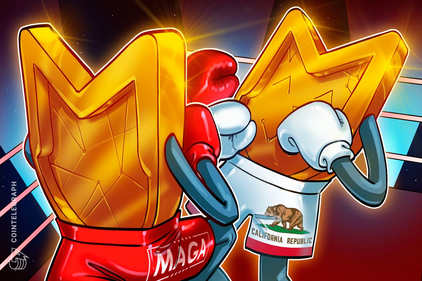 Illustration accompanying coverage of California’s politician-linked memecoin restrictions.