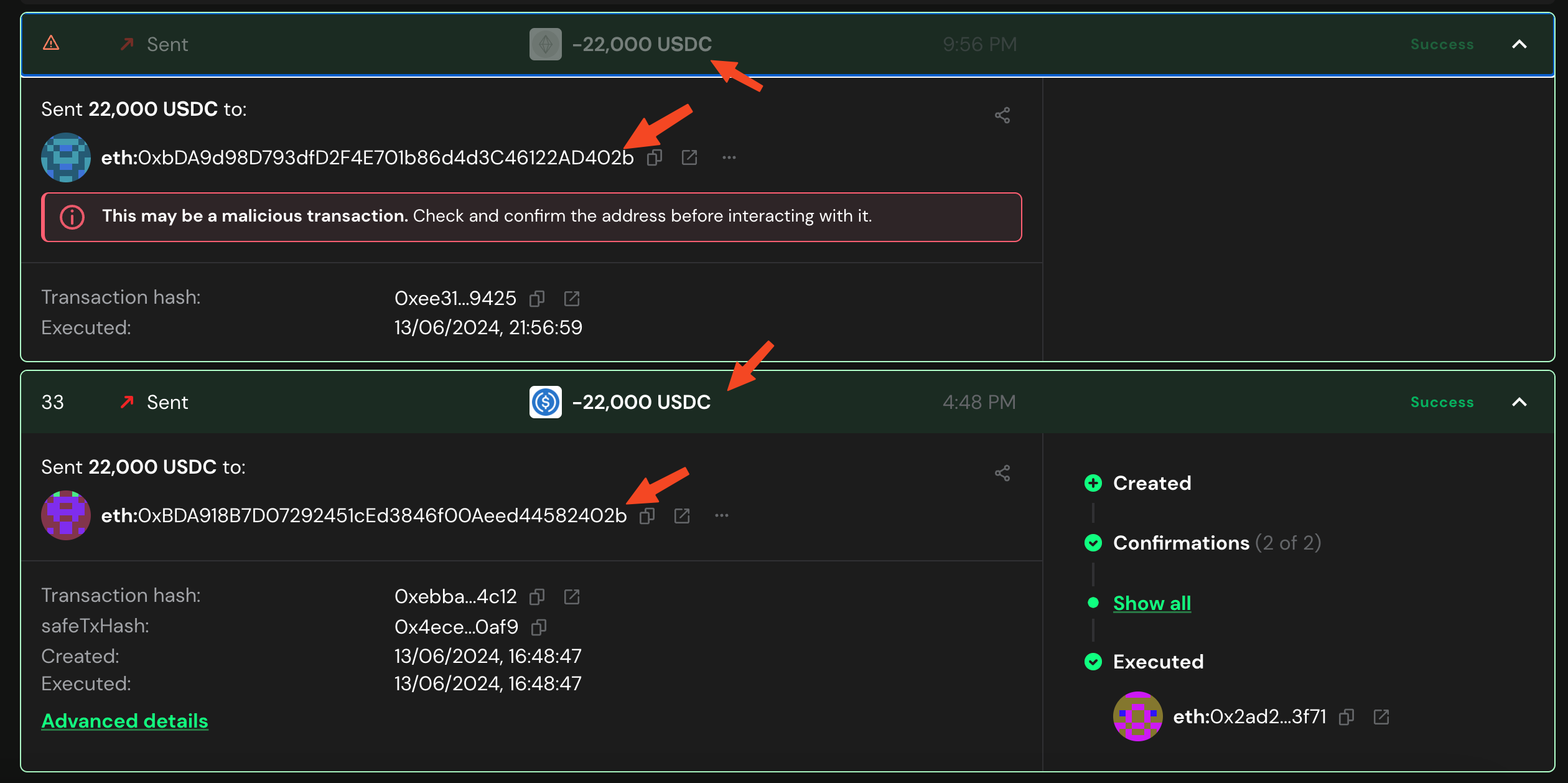 Screenshot of Safe{Wallet} UI showing a poisoned incoming transaction (fake USDC) with a lookalike address (matching prefix/suffix) — demonstrates how a poisoned address appears in a wallet and why users can be tricked into copying it.